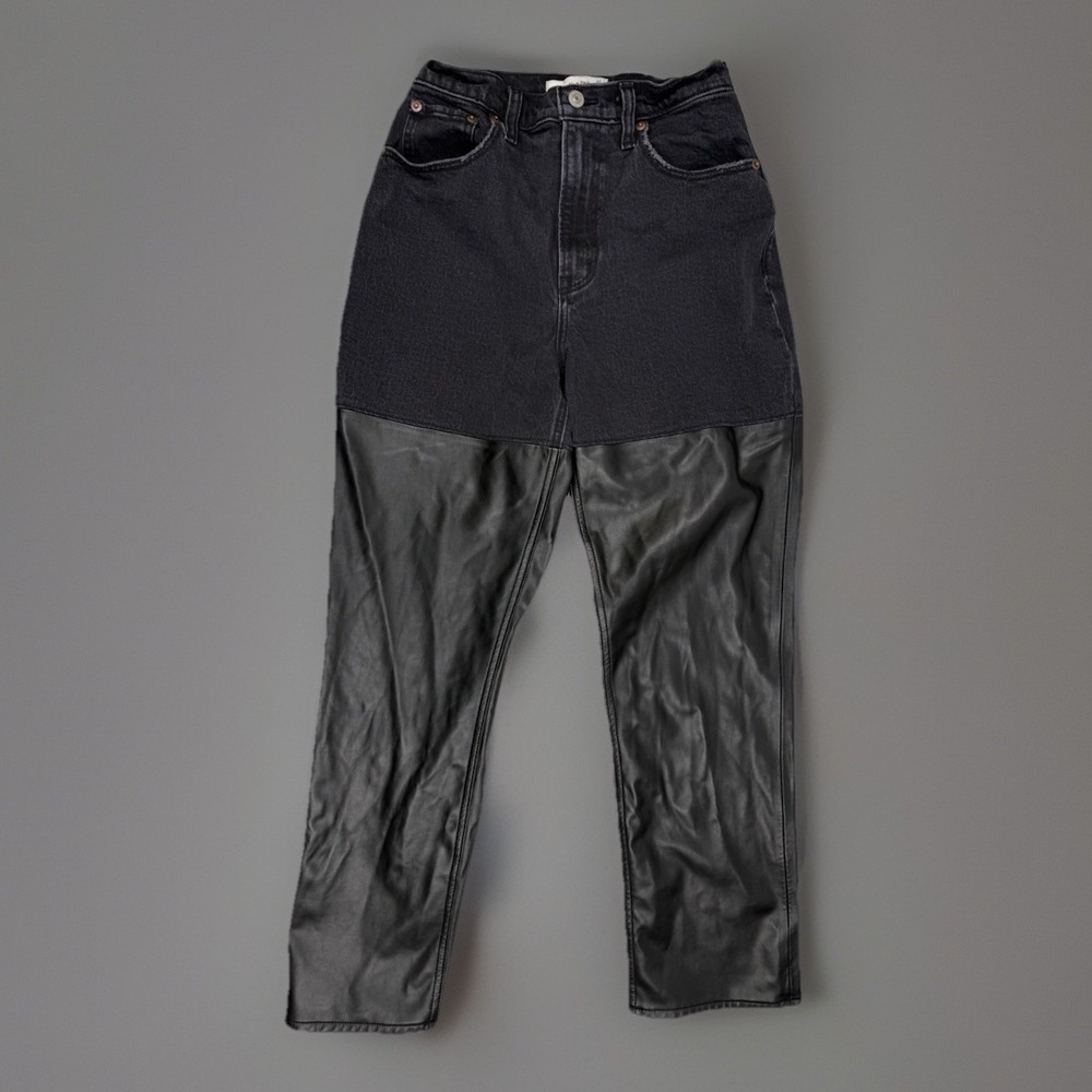 Y2K leather panel jeans high rise straight black Abercrombie 27 Curve Love 90's